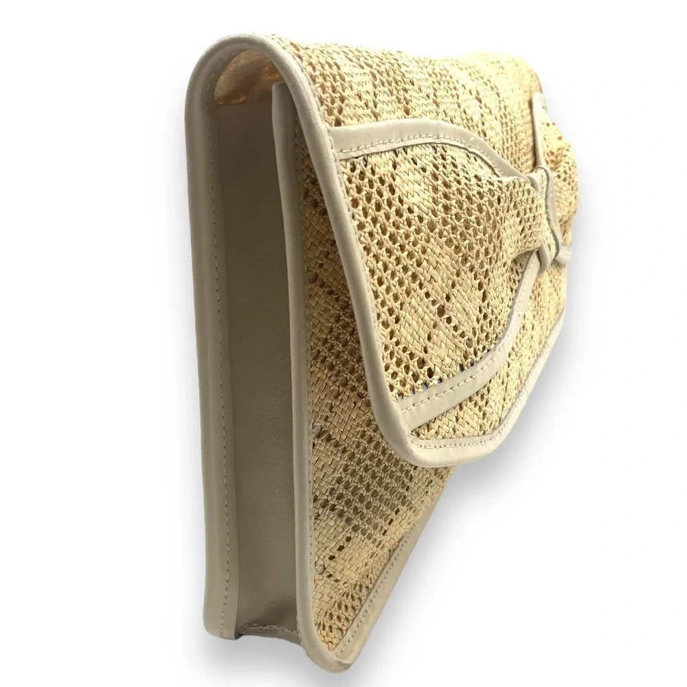 1970's large bow raffia straw and leather wristlet bag - Picture 7 of 13